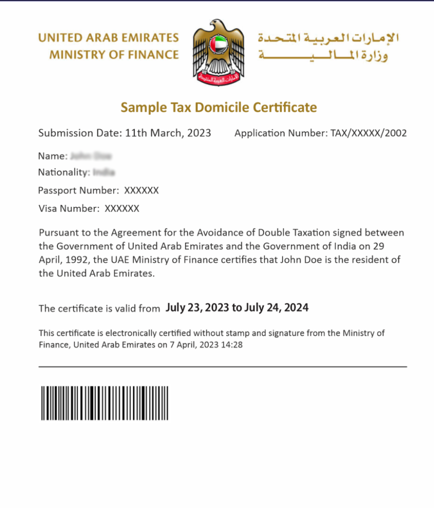TRC Certificate UAE sample