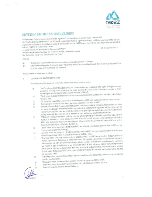 Ras Al Khaimah Economic Zone - RAKEZ (Independent Contractor Services Agreement)