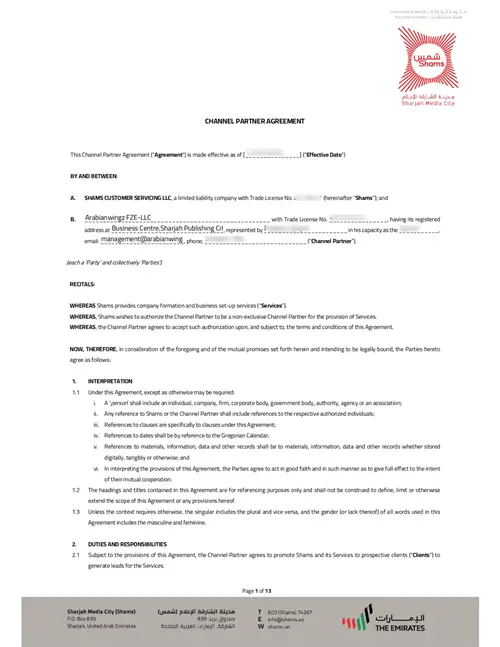 Sharjah Media City (Shams) Channel Partner Agreement